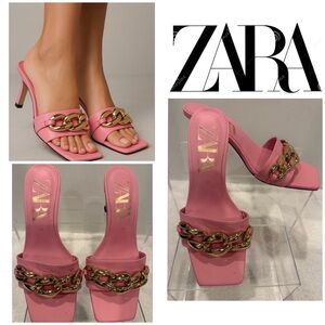 🩷 ZARA Pink Chain Slide Heeled Sandals – Size 38 (US 7.5–8)